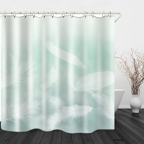 

White Goose Feather Digital Printing Shower Curtain With Hooks Suitable For Separate Wet And Dry Zone Divide Bathroom Shower Curtain Waterproof Oil-proof Modern Polyester New Design