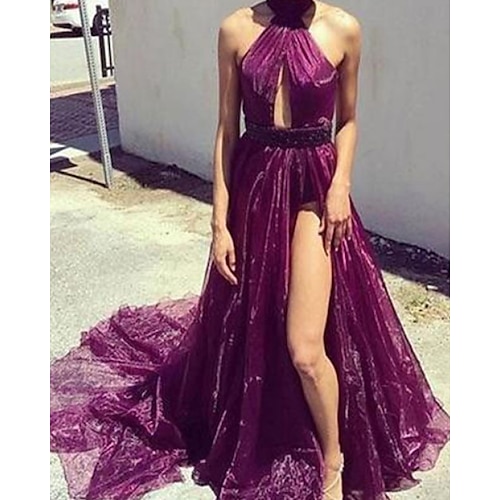 

A-Line Evening Dresses Celebrity Style Dress Wedding Guest Court Train Sleeveless Halter Neck Tulle with Pleats Slit 2022 / Formal Evening