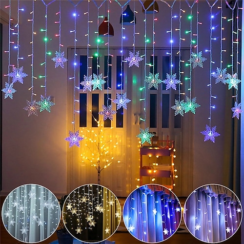 

3.5M Christmas Decoration Colorful Snowflake LED Fairy String Light 96 LED Flashing Curtain Light Waterproof Outdoor Holiday Party Connectable Wave Flexible Lights Christrmas Gift AC 100V-240V
