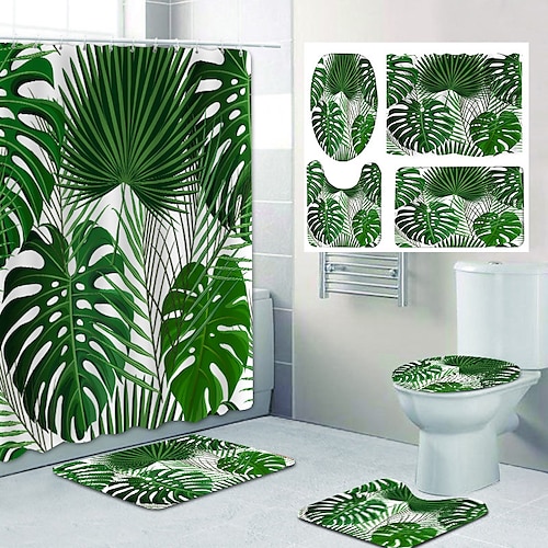 

Tropical Leaves Pattern Printing Bathroom Shower Curtain Leisure Set Inculde Bathtub Curtain and Mats 4pcs