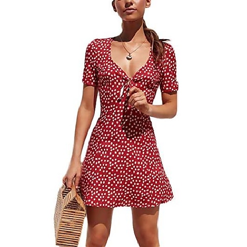 

Women's Casual Dress Mini Dress Navy Green Yellow Short Sleeve Polka Dot Spring Summer V Neck S M L XL