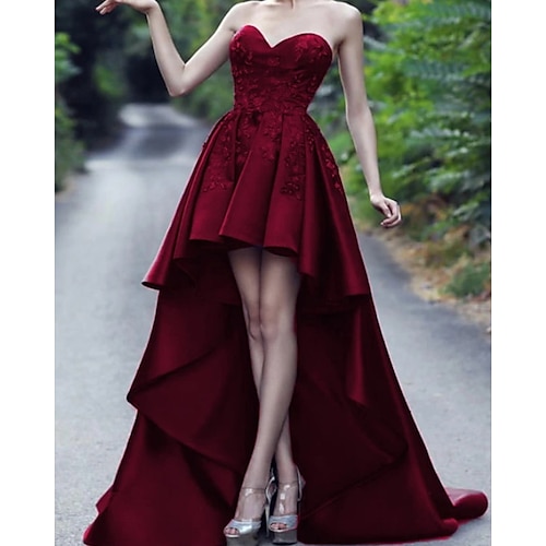 

A-Line Evening Dresses Luxurious Dress Wedding Guest Asymmetrical Sleeveless Sweetheart Neckline Satin with Pleats 2022 / Formal Evening