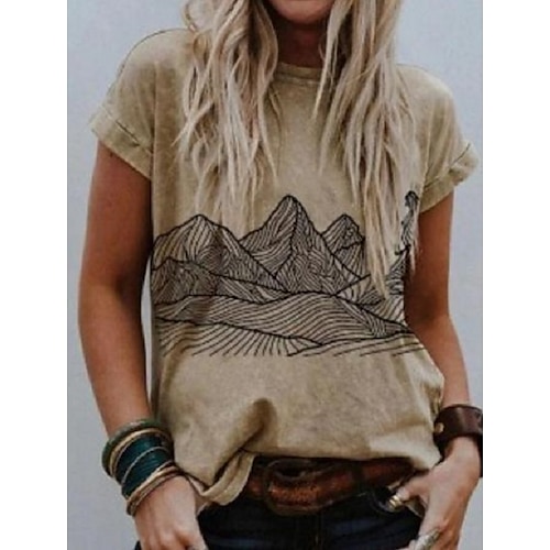 

Women's T shirt Tee Yellow Khaki Scenery Graphic Prints Print Short Sleeve Casual Daily Basic Round Neck Regular Loose Fit S / 3D Print