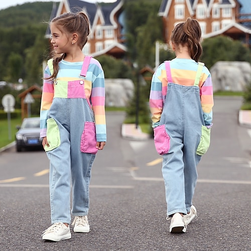 

Kids Girls' Overall & Jumpsuit Clothing Set Long Sleeve Rainbow Rainbow Stripes Color Block 2 Piece With Pockets Denim Cotton Active Streetwear 3-12 Years