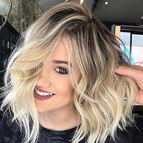 

Ombre Blonde Bob Wig Inkach Short Wavy Curly Full Hair Wigs Heat Resistant Synthetic Fiber Cosplay Party Hairpiece for African Women (Gold)
