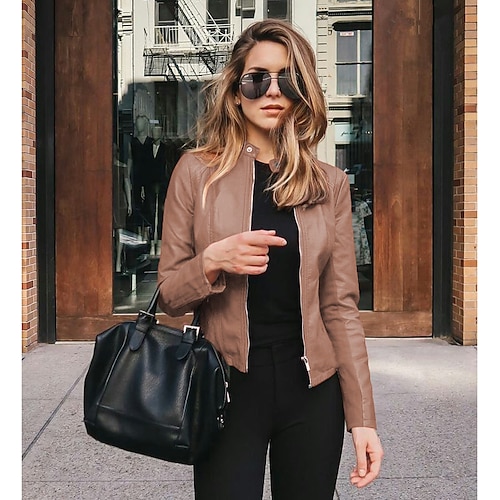 Women's Faux Leather Jacket Faux Motorcycle Plus Size Moto Biker Coat Short  Zipper Jacket Light Pink Navy Wine Red ArmyGreen Chic & Modern Street Fall  Collarless Slim Fit S M L XL