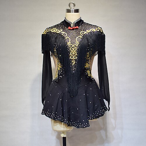 

Figure Skating Dress Women's Girls' Ice Skating Dress Outfits Black Tassel Open Back Spandex High Elasticity Training Competition Skating Wear Handmade Crystal / Rhinestone Long Sleeve Ice Skating