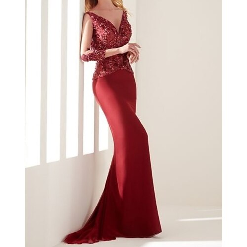 

Mermaid / Trumpet Evening Dresses Elegant Dress Wedding Guest Sweep / Brush Train 3/4 Length Sleeve V Neck Chiffon with Beading 2022 / Formal Evening