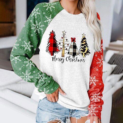 

Women's Christmas Plus Size Blouse Shirt Graphic Prints Snowflake Letter Long Sleeve Patchwork Print Round Neck Basic Christmas Tops Pattern 1 Pattern 2 Pattern 4
