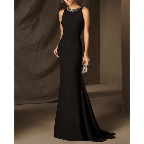 

Mermaid / Trumpet Beautiful Back Elegant Wedding Guest Formal Evening Dress Jewel Neck Sleeveless Sweep / Brush Train Satin with Crystals 2022