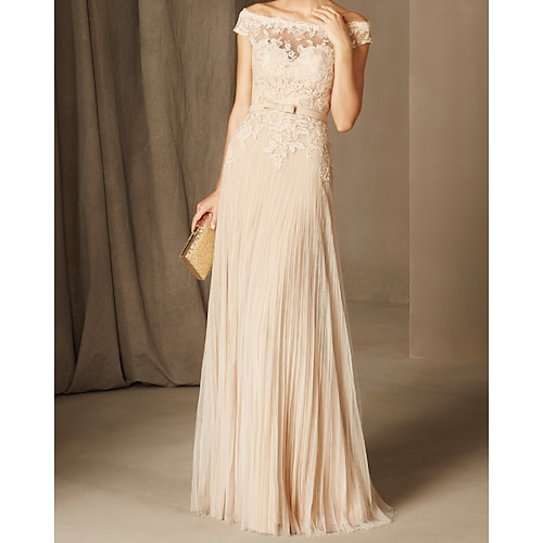 

A-Line Minimalist Elegant Engagement Formal Evening Dress Off Shoulder Short Sleeve Floor Length Chiffon with Pleats Appliques 2022