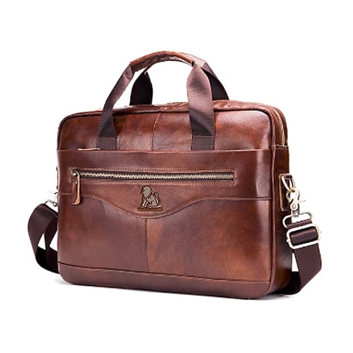 

Men's Laptop Bag Briefcase Top Handle Bag Cowhide Zipper Solid Color Outdoor Office & Career Dark Brown Coffee Black