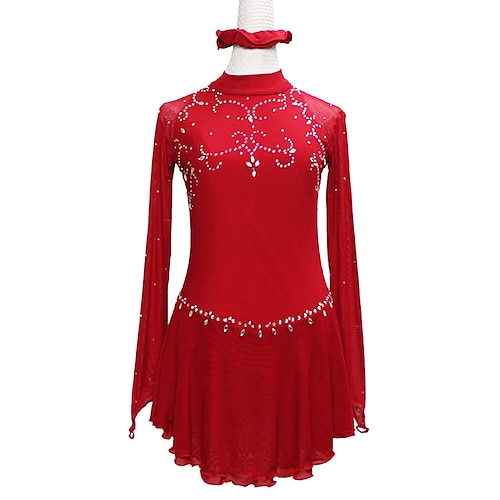 

Figure Skating Dress Women's Girls' Ice Skating Dress Outfits Red Asymmetric Hem Mesh Spandex High Elasticity Training Competition Skating Wear Handmade Crystal / Rhinestone Long Sleeve Ice Skating