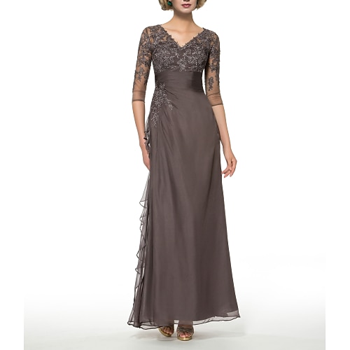 

Sheath / Column Mother of the Bride Dress Elegant V Neck Floor Length Chiffon Lace Half Sleeve with Draping Appliques 2022