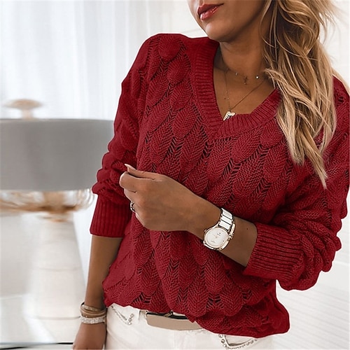 

Women's Pullover Jumper Sweater Hollow Out Knitted Solid Color Stylish Basic Casual Long Sleeve Loose Sweater Cardigans V Neck Fall Winter Blue Blushing Pink Black / Holiday / Going out