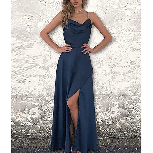 

Sheath / Column Beautiful Back Minimalist Prom Formal Evening Dress Spaghetti Strap Sleeveless Floor Length Satin with Sleek Slit 2022