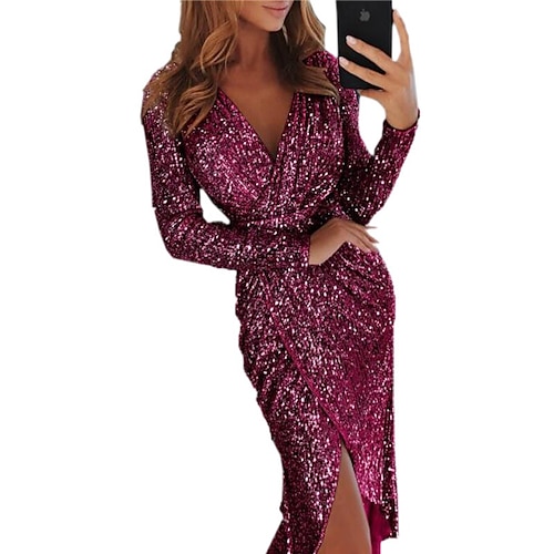 

Women's Party Dress Sequin Dress Sheath Dress Long Dress Maxi Dress Green Blue Silver Long Sleeve Pure Color Sequins Winter Fall Spring V Neck Mature Party Winter Dress Fall Dress S M L XL XXL 3XL