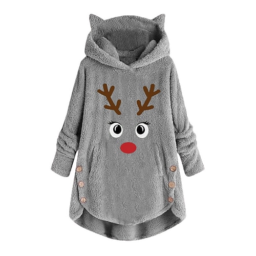 

Women's Plus Size Tops Hoodie Sweatshirt Deer Long Sleeve Hooded Casual Teddy Daily Polyester Winter Fall Light Pink Wine Red