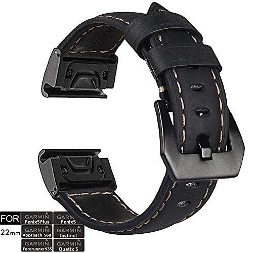 

Fenix 5 Watch Band, 22mm Stainless Steel Metal Quick Fit with Genuine Leather Watch Band Strap for Garmin Fenix 5/Fenix 5 Plus/Forerunner 935/Instinct/Quatix 5(NOT for Fenix 5X/5S),Black