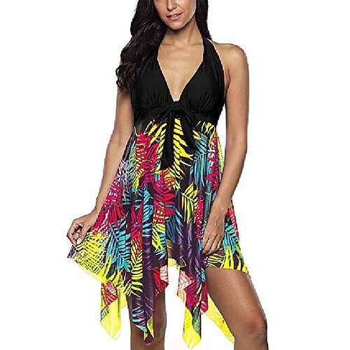 

modest swimsuits halter tankini dress mesh printed two piece bathing suits swimwear