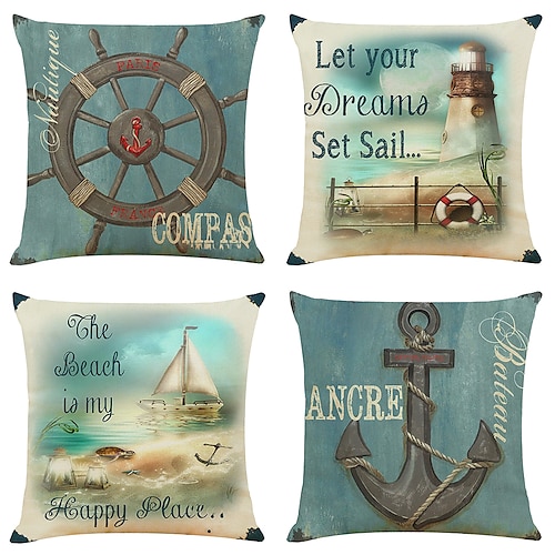 

Set of 4 Nautical Anchor Square Decorative Throw Pillow Cases Sofa Cushion Covers 18x18 Faux Linen Cushion for Sofa Couch Bed Chair