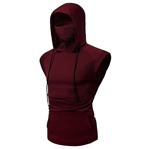 

Men's Workout Hooded Tank Tops Pure Color Sleeveless Short Sleeve Gym Hoodies T-shirts(xl.wine) Casual Sportwear Drawstring Hoodies Tops