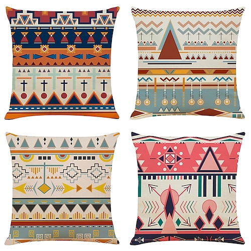 

Set of 4 Bohemian Style Square Decorative Throw Pillow Cases Sofa Cushion Covers 18x18inches 4545 cm Faux Linen