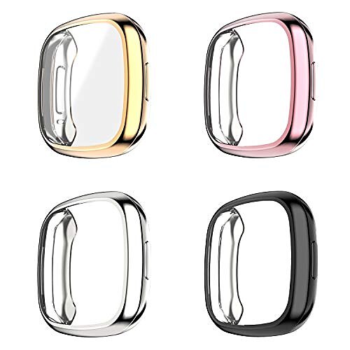 

fvlerz screen protector case compatible with fitbit sense/versa 3, 4 pack soft tpu anti-scratch shockproof bumper all-around protective case cover smartwatch accessories