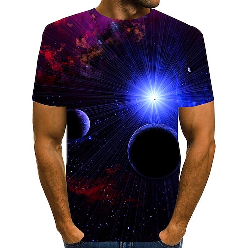 Starry Night Mens Graphic Shirt Tee 3D Round Neck Green Blue Red Print Plus Size Daily Holiday Short Sleeve Clothing Apparel Exaggerated Elegant Space Casual Cotton