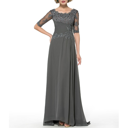 

Sheath / Column Mother of the Bride Dress Elegant Sparkle & Shine Jewel Neck Sweep / Brush Train Chiffon Half Sleeve with Beading Sequin Appliques 2022 / Illusion Sleeve