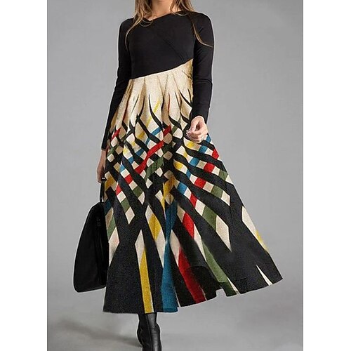 

Women's Shift Dress Maxi long Dress Rainbow Long Sleeve Striped Color Block Print Fall Winter Round Neck Personalized Casual Vintage 2022 M L XL XXL 3XL