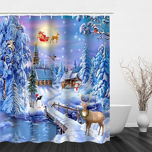 

Christmas Shower Curtain Bathroom and Hook Rainbow Classic Polyester Cute Bathroom Decorations Spectacular Scene Snowman Santa Claus Elk Tree