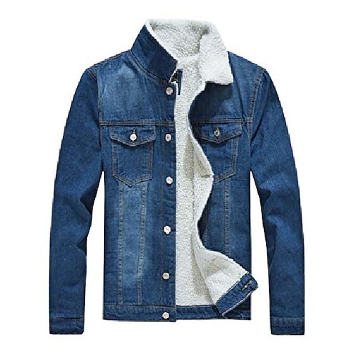 

Men's Denim Jacket Jean Jacket Long Sleeves Lapel Sherpa Fleece Lined Black Winter Coat