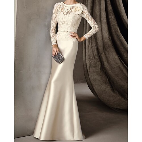 

A sirena Elegante Vintage Fidanzamento Serata formale Vestito Scollo a Illusione Manica lunga Strascico a terra Di pizzo con Fascia / fiocco in vita Con applique 2022
