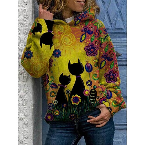 

Women's Hoodie Pullover Basic Casual Green Blue Purple Cat Print Animal Patterned Daily Round Neck Long Sleeve Cotton S M L XL XXL