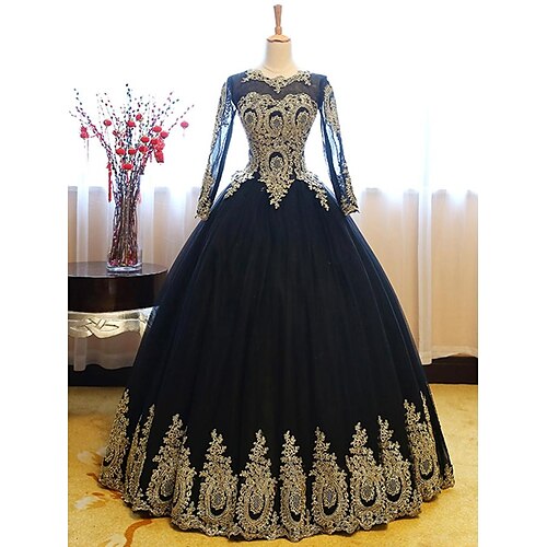 

Ball Gown Luxurious Vintage Quinceanera Formal Evening Dress Jewel Neck Long Sleeve Floor Length Lace with Appliques 2022