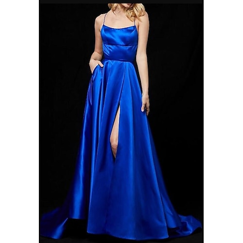 

A-Line Evening Dresses Minimalist Dress Wedding Guest Sweep / Brush Train Sleeveless Spaghetti Strap Satin Crisscross Back with Sleek Slit 2022 / Formal Evening