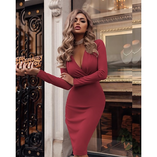 

Women's Party Dress Shift Dress Sheath Dress Green Black Wine Long Sleeve Pure Color Fall Spring V Neck Party Winter Dress Christmas S M L XL XXL 3XL