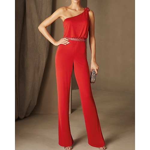 

Jumpsuits Evening Dresses Minimalist Dress Wedding Guest Floor Length Sleeveless One Shoulder Stretch Satin with Beading Appliques 2022 / Formal Evening