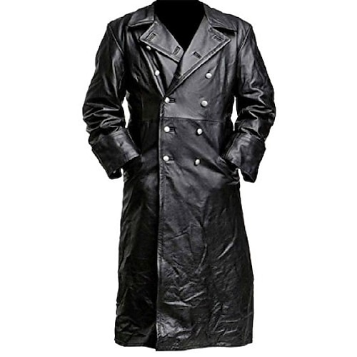 

Men's Coat Faux Trench Leather Duster Coat german classic officer military uniform black trench coat