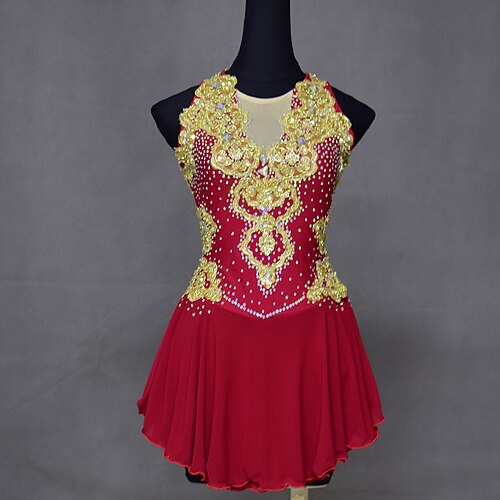 

Figure Skating Dress Women's Girls' Ice Skating Dress Outfits Burgundy Spandex High Elasticity Training Competition Skating Wear Handmade Patchwork Crystal / Rhinestone Sleeveless Ice Skating Winter