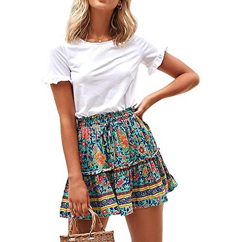 

women's high waist flared ruffle skirt cute floral swing beach mini short skirts polka dot pleated skirt