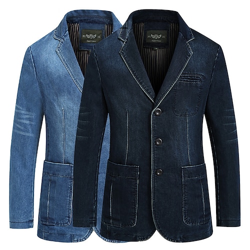 

Men's Blazer Denim Jacket Jean Jacket Sport Jacket Sport Coat Going out Button Down Collar Casual Daily Jacket Outerwear Solid Color Light Blue Navy Blue / Cotton / Cotton