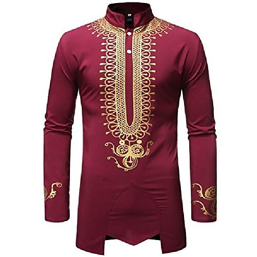 

Men's Traditional African Luxury Metallic Gold Printed Dashiki Shirt Wine Red Long Sleeve Party Wedding