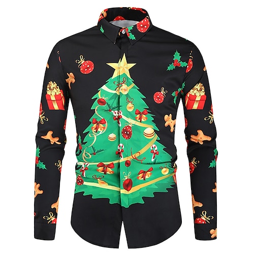 

Men's Christmas Shirt Other Prints Graphic Print Long Sleeve Tops Basic Button Down Collar Black