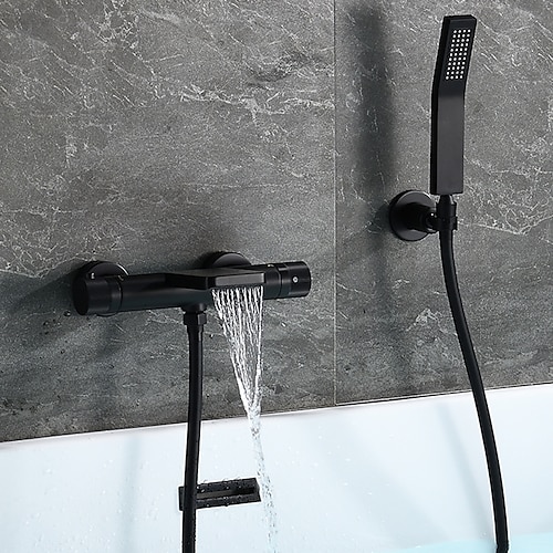 

Free Standing Bathtub Faucet Thermostatic Black Painted Finishes Rotatable Shower Seat Waterfall and Spray Mode Bath Shower Mixer Taps with Hot and Cold Water
