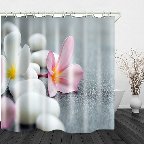 

White Pebbles Pink Flowers Digital Printing Shower Curtain Shower Curtains Hooks Modern Polyester New Design 70 Inch