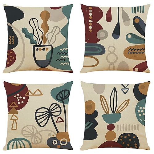 

Set of 4 Ethnic Decorative Painting Square Decorative Throw Pillow Cases Sofa Cushion Covers 18x18 Faux Linen