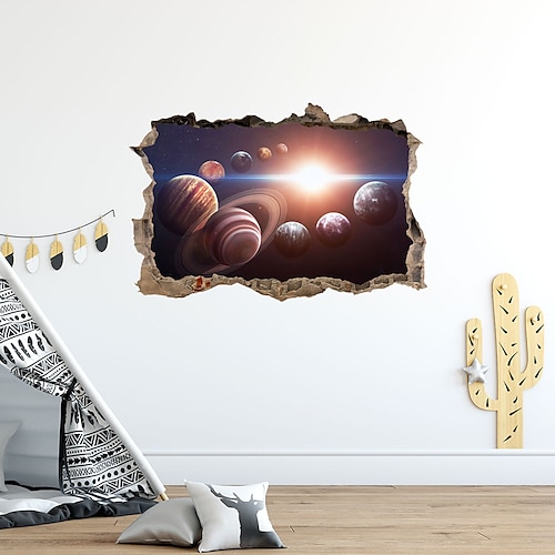 

3D Broken Wall Star Planet Nine Planet Trajectories Wall Sticker Living Room Bedroom Children's Room Three Dimensional Decorative Painting 60X90CM