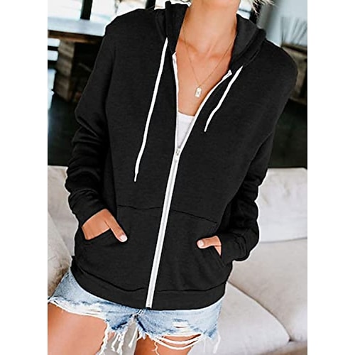 

Women's Hoodie Sweatshirt Hoodie Zip Hoodie Sweatshirt Work Casual Zipper Zip Up Black Blue Gray Solid Color Loose Fit Daily Hooded Long Sleeve S M L XL XXL
